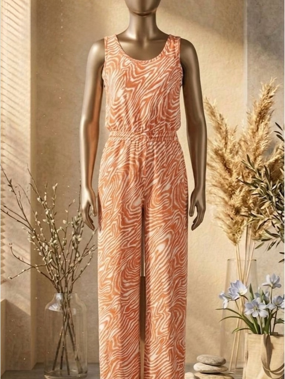 Calvin Klein Peach Swirl Sleeveless Wide-Leg Jumpsuit